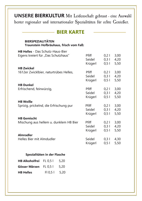 Getränkekarte – Biere vom Fass und aus der Flasche (Seite 1)