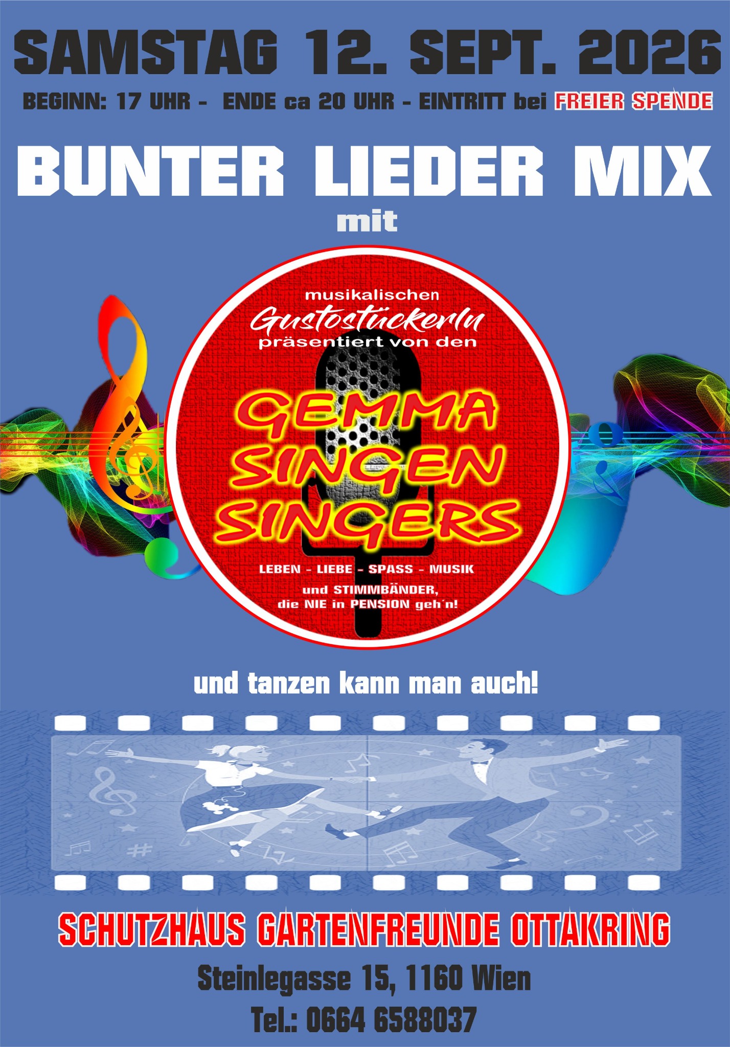 Flyer zum Bunten Lieder Mix am 12. September 2026 im Schutzhaus Gartenfreunde Ottakring